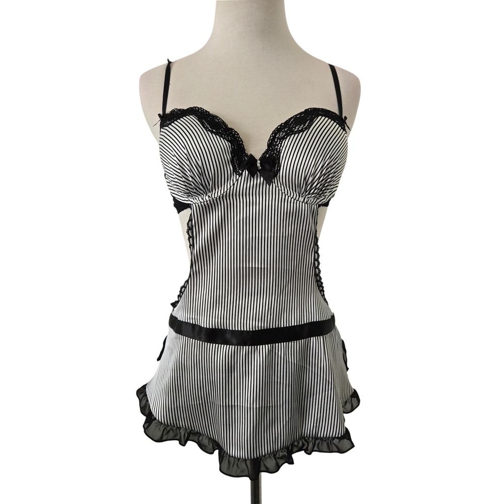 Linea Donatella Apron Chemise Women Small Black White Striped Lace Trim Maid